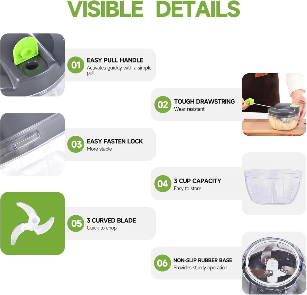 Manual Food Processor Vegetable Chopper, Portable Hand Pull String Garlic Mincer