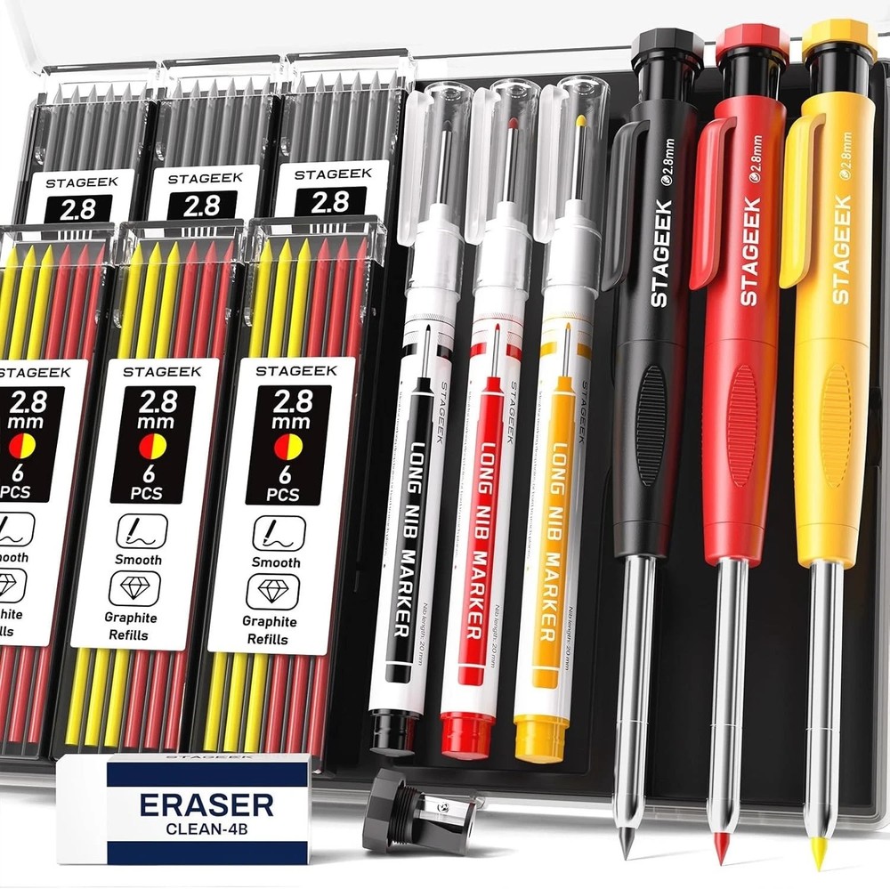 Carpenter Pencil Mechanical Deep Hole Marker Set w/Sharpener 39 Refill 3Pcs Case