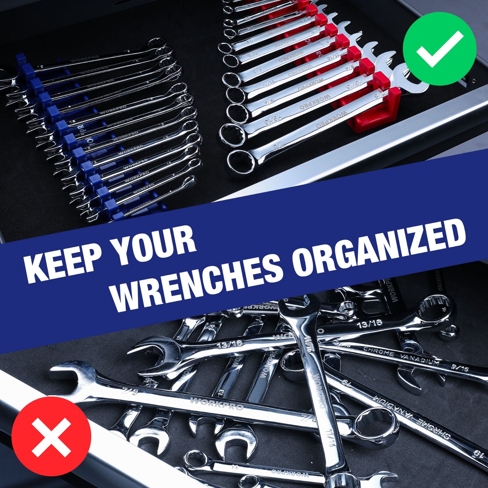 WORKPRO 2-Piece Magnetic Wrench Organizer Wrench Rack Tool Trays SAE&Metric