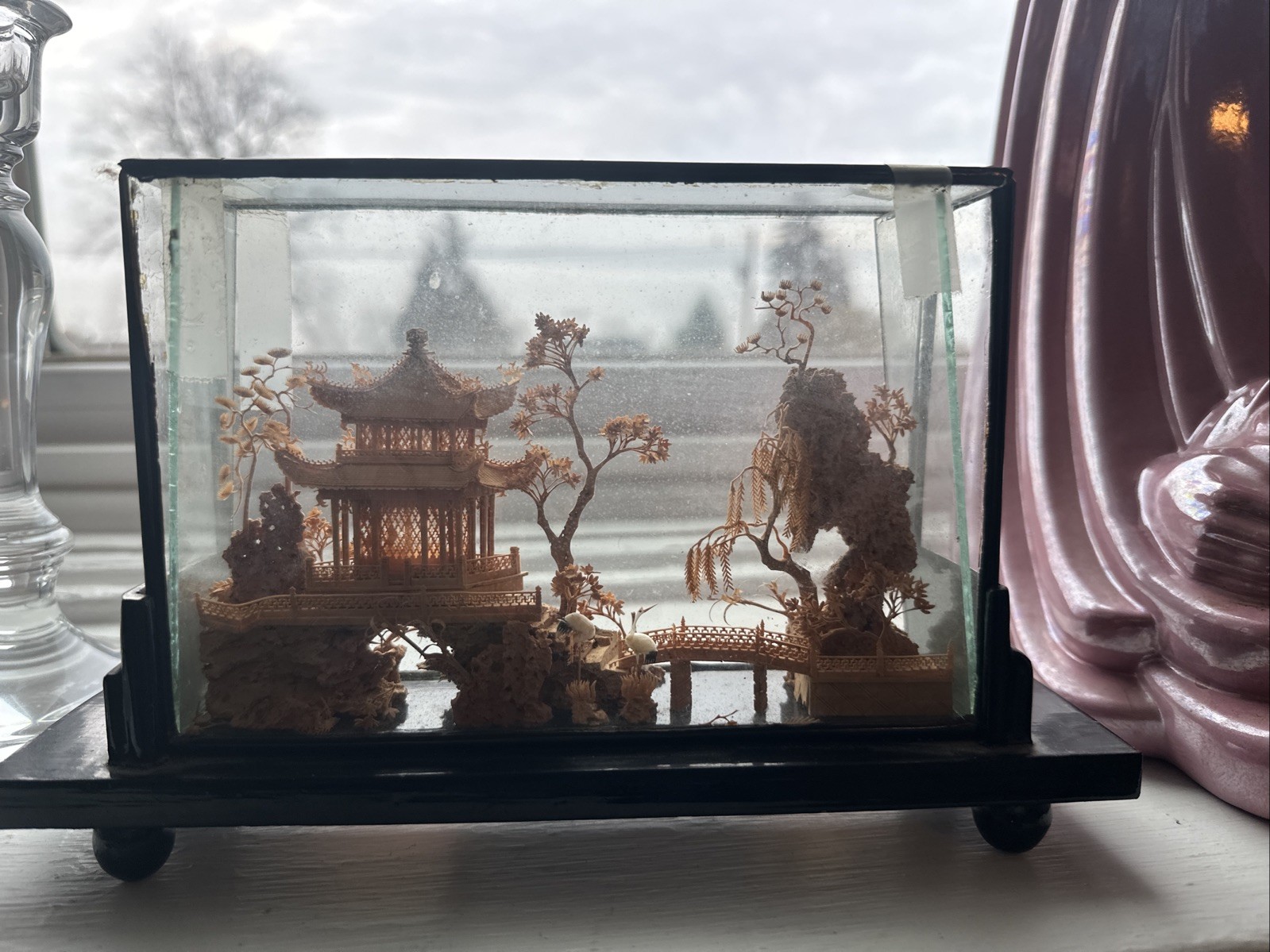 VTG Fujian Chinese Art Sculpture Diorama Cork Wood Carving Trees Crane Pagoda