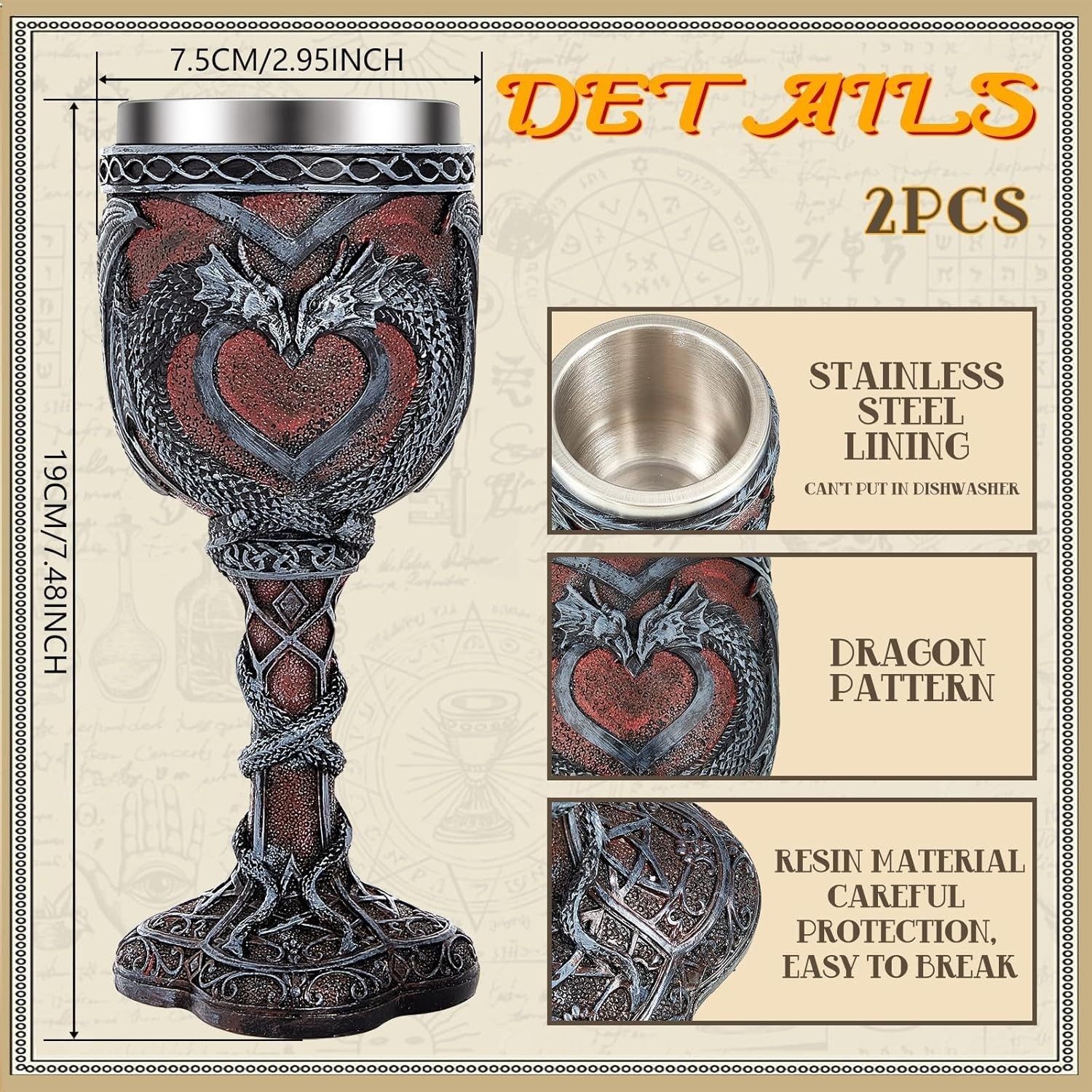 2 Pcs Medieval Cups and Goblets Dragon Wine Goblet Chalice Goblet 7 Oz Resin...
