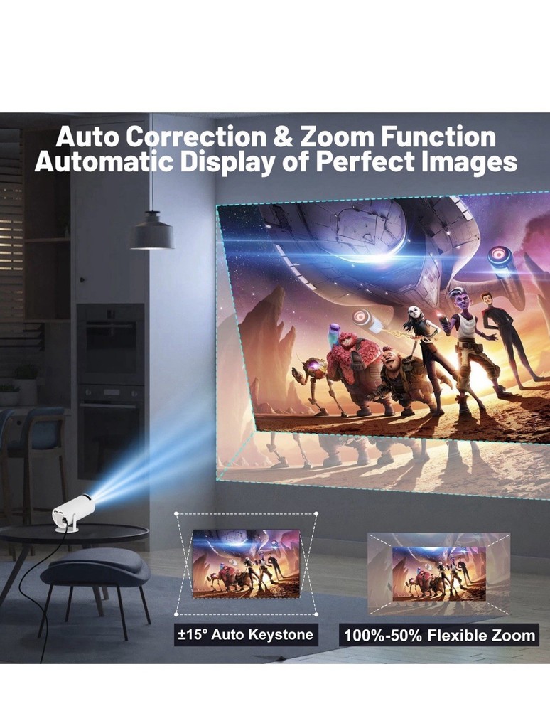 4K Smart Android Projector - 180 ° Rotating Stand + Auto Keystone, Home/Camping