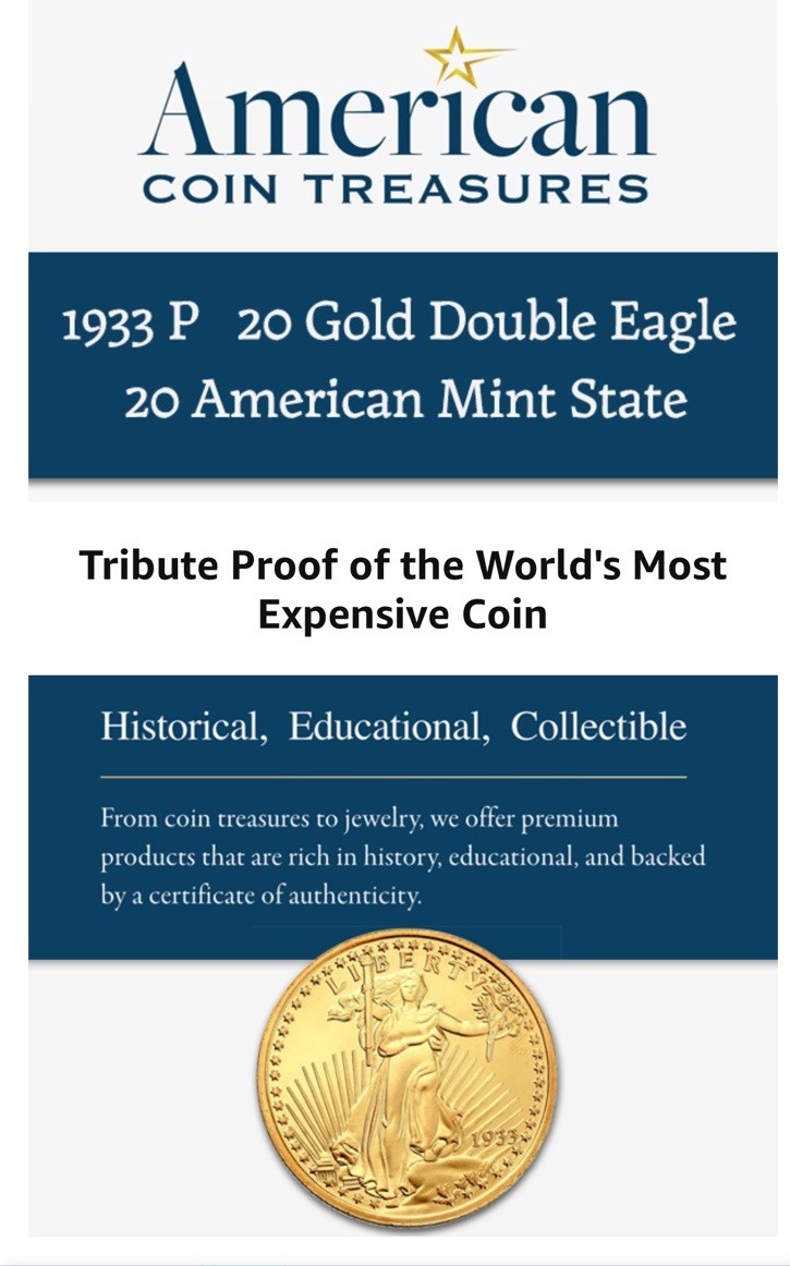 #1 SAINT ST. GAUDENS American Coin Treasures 1933 P $20 Gold Double Eagle 24kt
