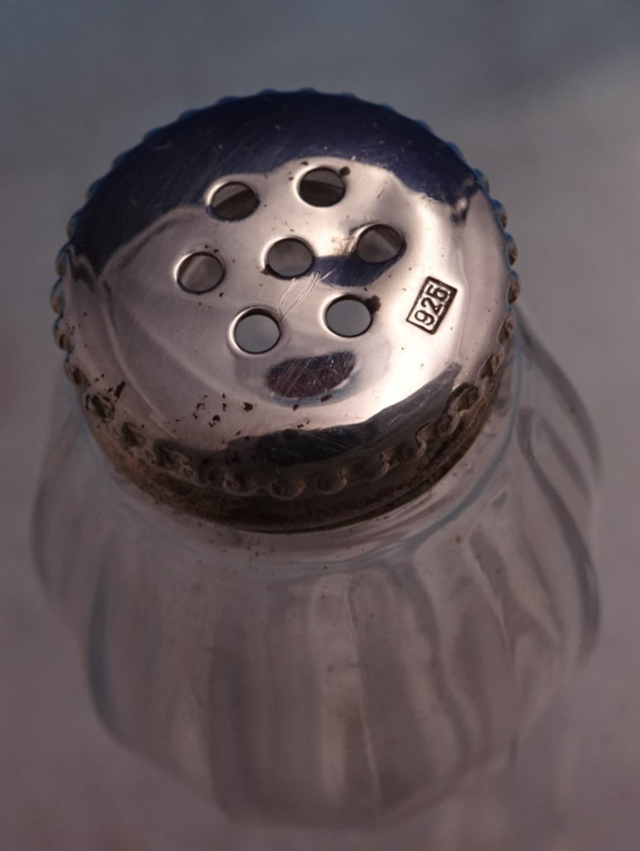 Perles by Christofle Sterling Silver Glass Salt Pepper Shaker Set w/Tray (#8748)