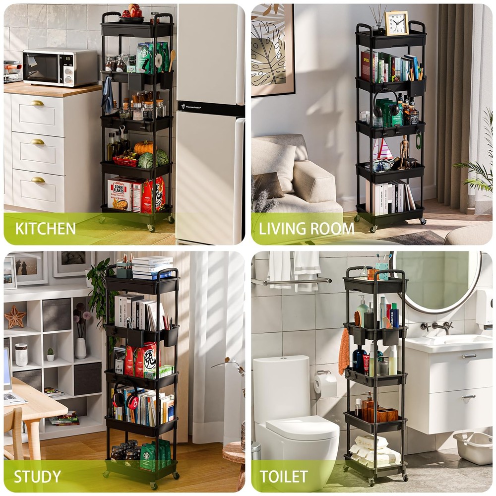5 Tier Rolling Kitchen Storage Cart Organizer with Wheels Black Multi-Functional
