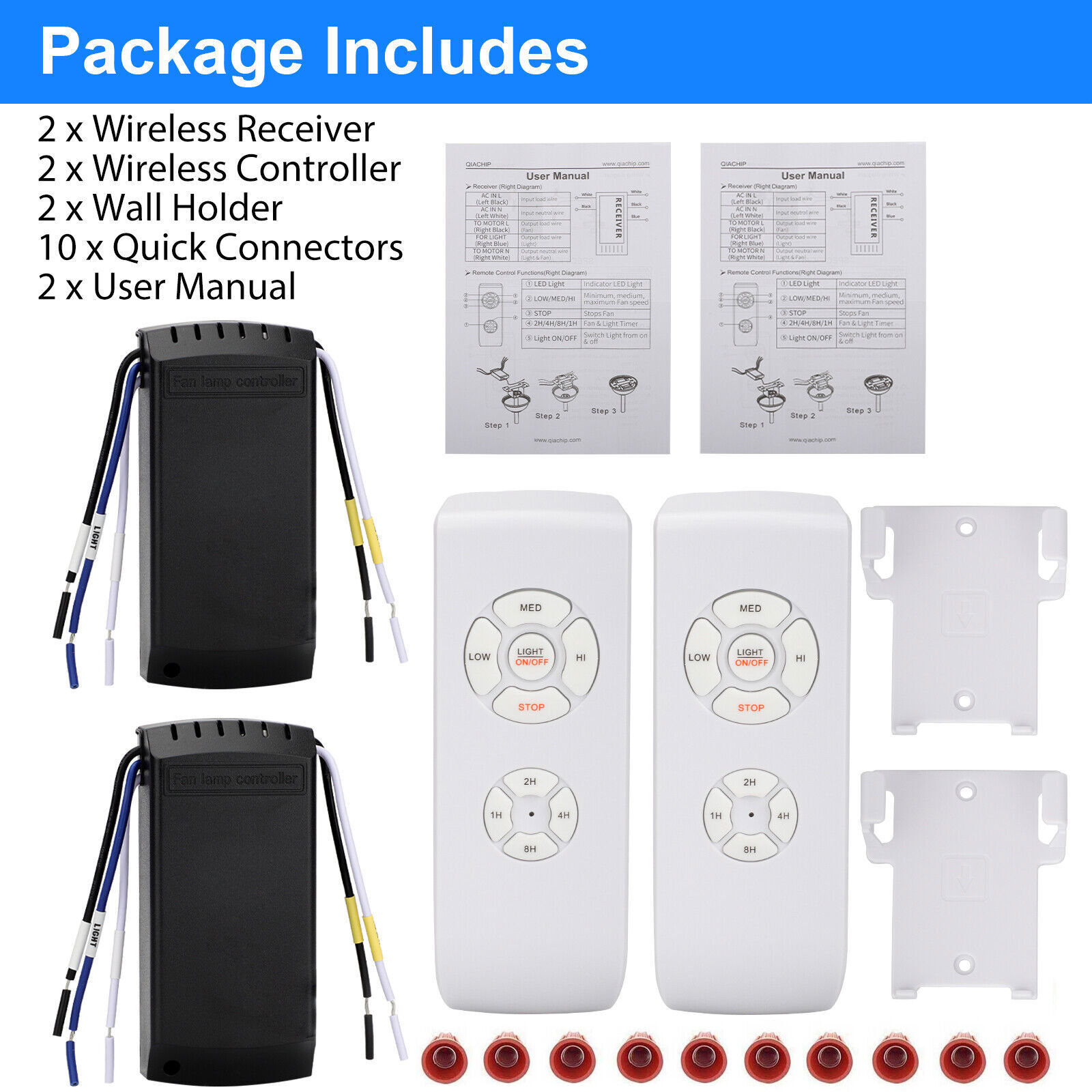 2x Universal Ceiling Fan Lamp Light Wireless Timing Remote Control Receiver Kit