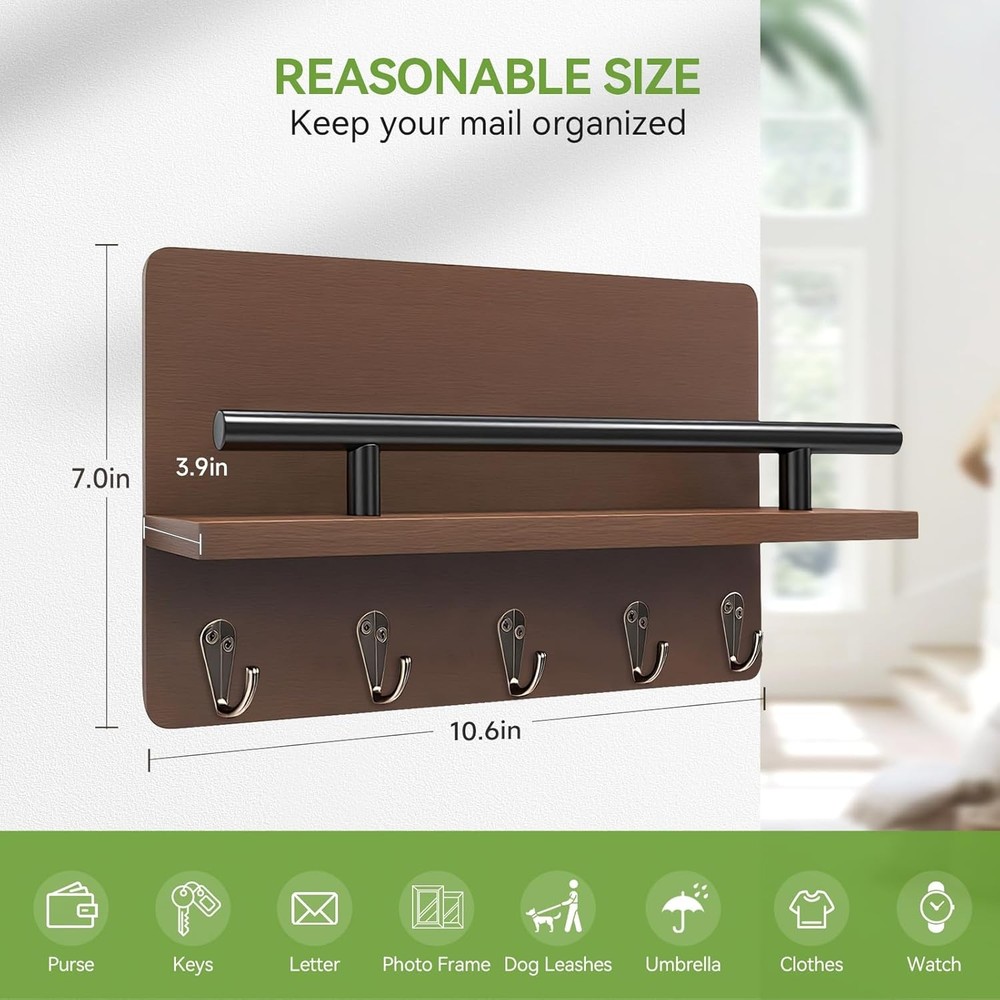 Rustic Wall-Mounted Key Holder with Shelf & 5 Hooks for Entryway Organization