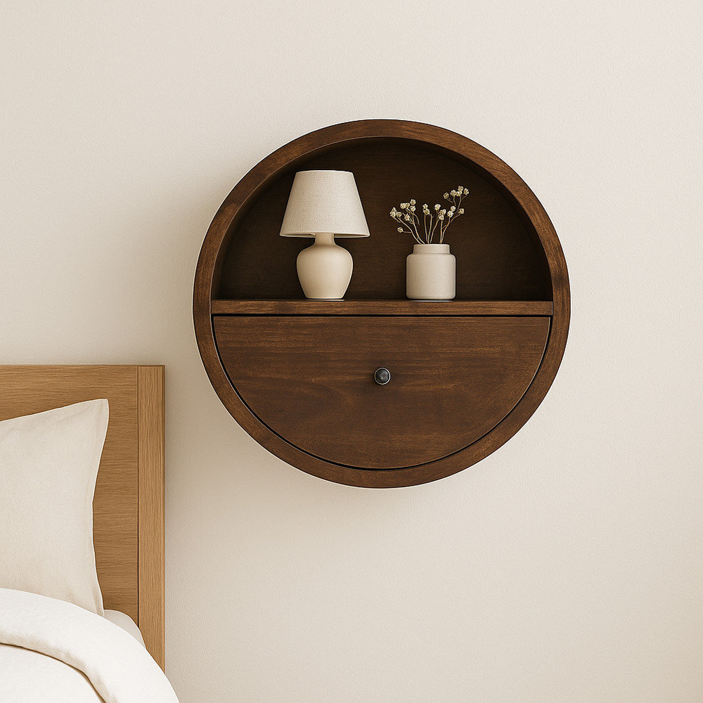 Solid Wood Floating Circle Chestnut Bedside, 1-Drawer, 1 Open-Slot, Dark Brown