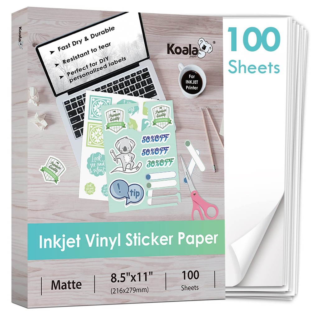 Koala Printable Vinyl Sticker for Inkjet Printer - 100 Sheets Sticker Printer...