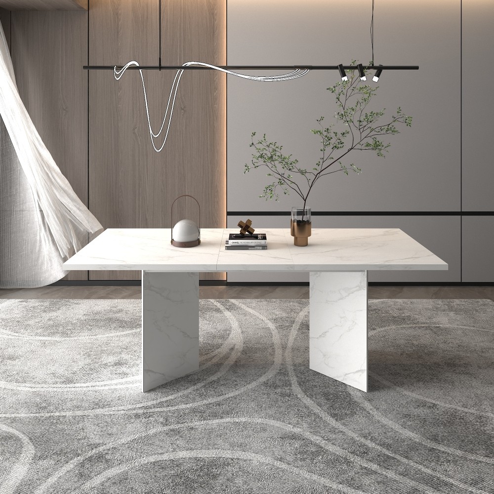 Extendable White Dining Table for 10 People Modern Faux Marble Rectangular Table