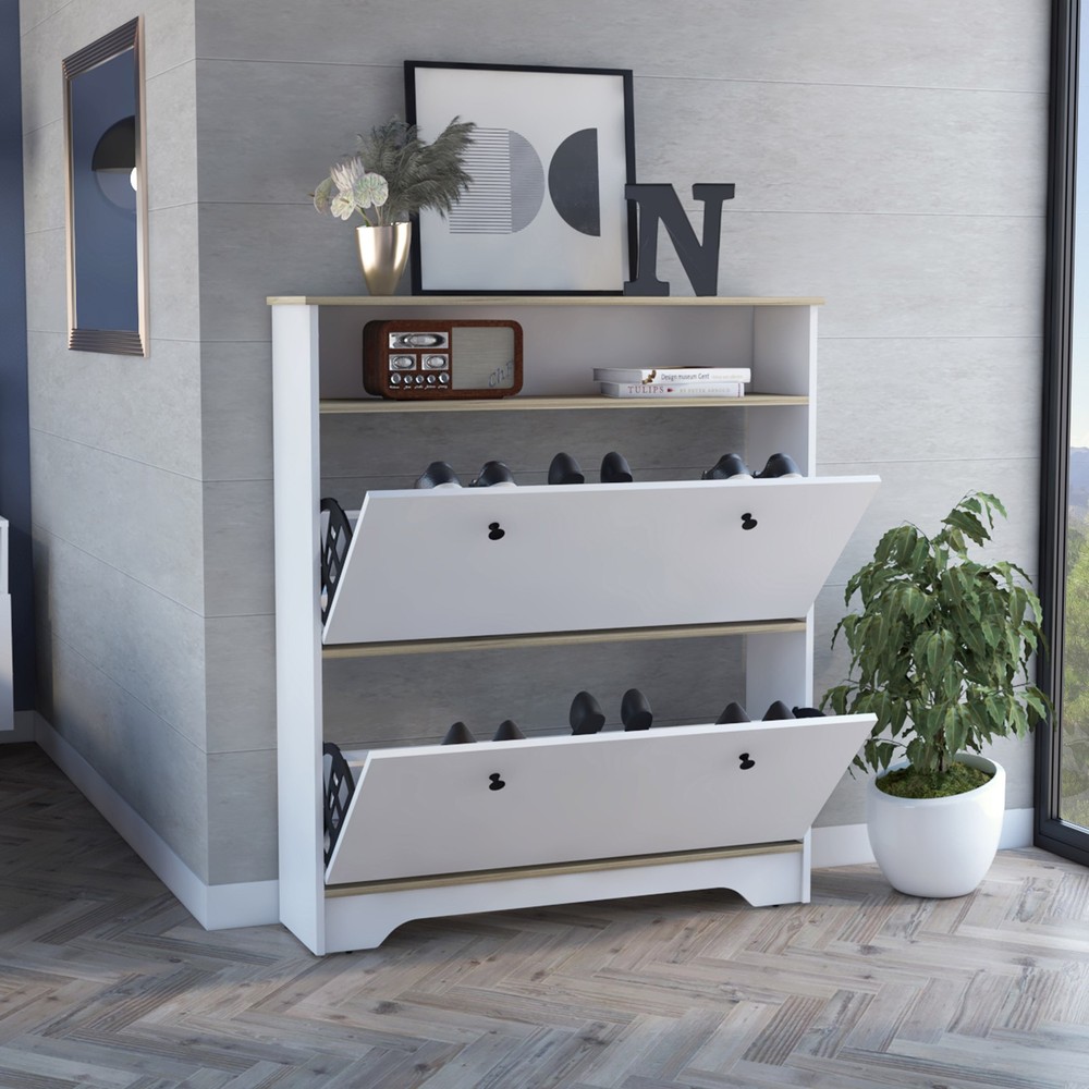 Light Oak White Storage Cabinet with 2 Shelves, Rectangular Sideboard
