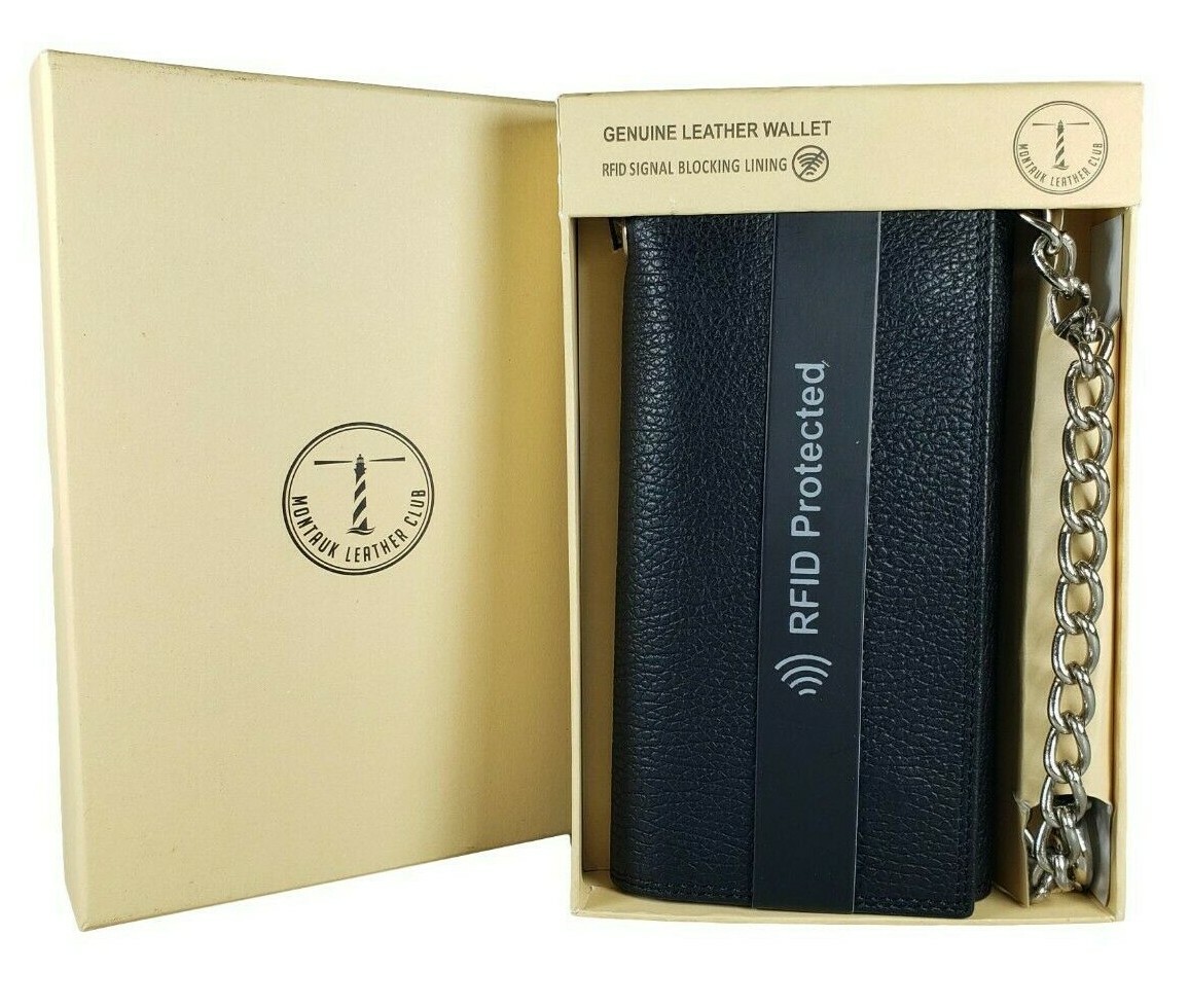 Black Leather Trifold Chain Motorcycle Biker Trucker Long Wallet With Belt Hook