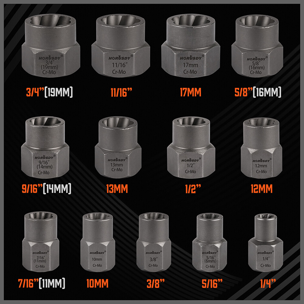15PC Impact Bolt & Nut Remover Set Extractor Damaged Rusted Adapter Storage Case