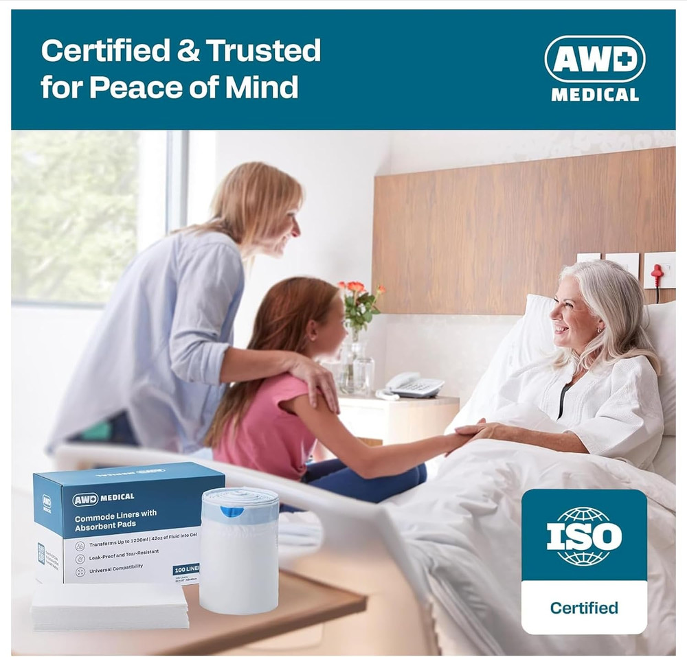 100 PACK - Commode Liners with Absorbent Pads - Adults Commode Bag Compatible wi