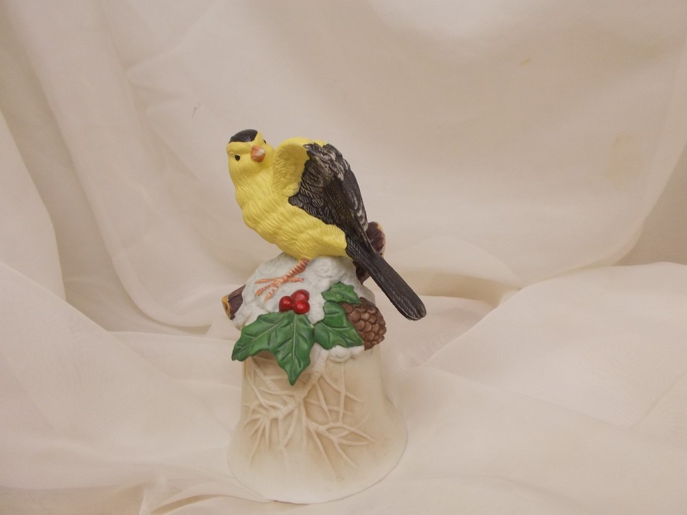 Ceramic White Christmas Bell Topped With Goldfinch