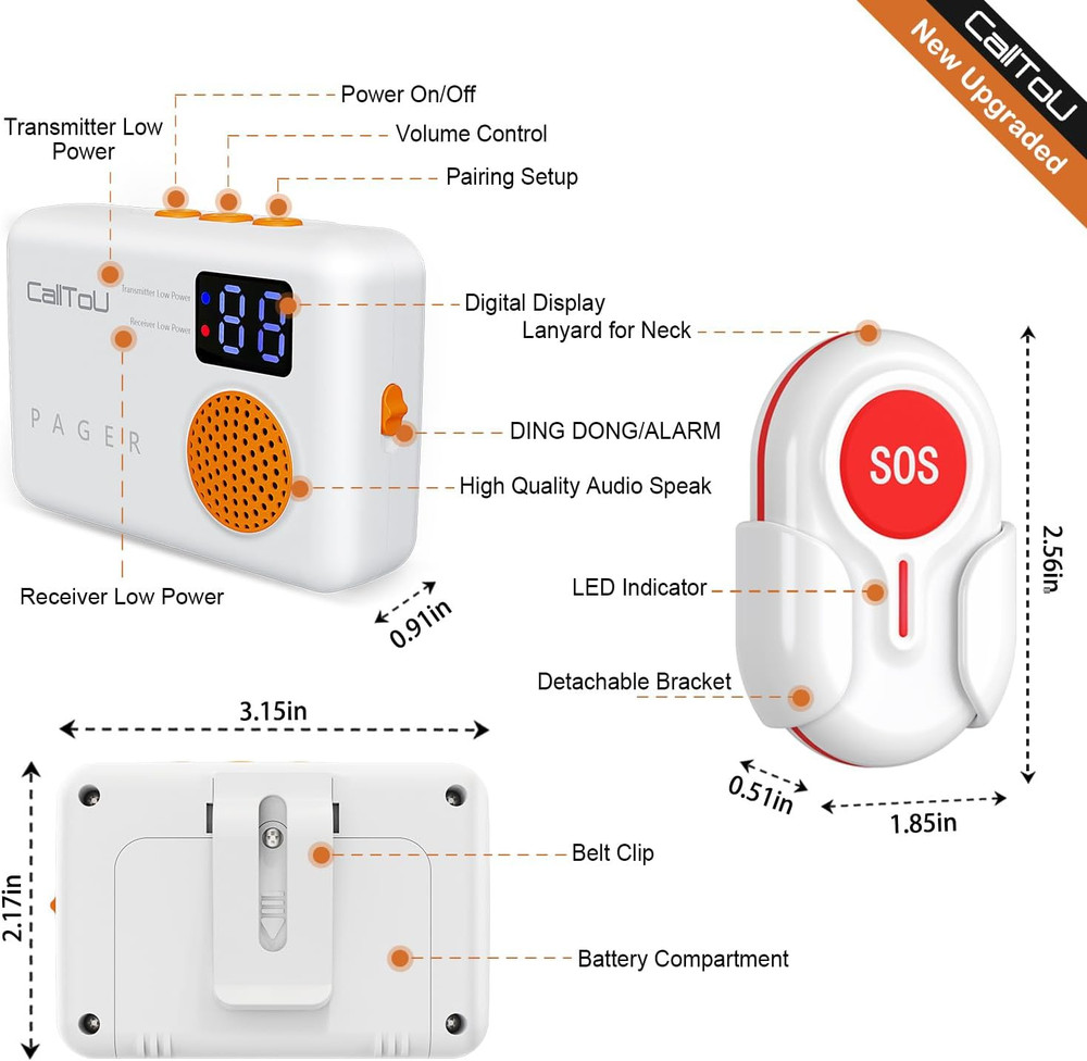 1000FT Caregiver Pager Wireless Call Button Elderly Monitors with Vibration Digi