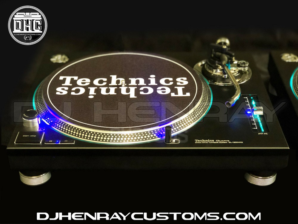 2 custom Matte black & chrome Technics SL 1200 mk2's blue leds laser etch logos