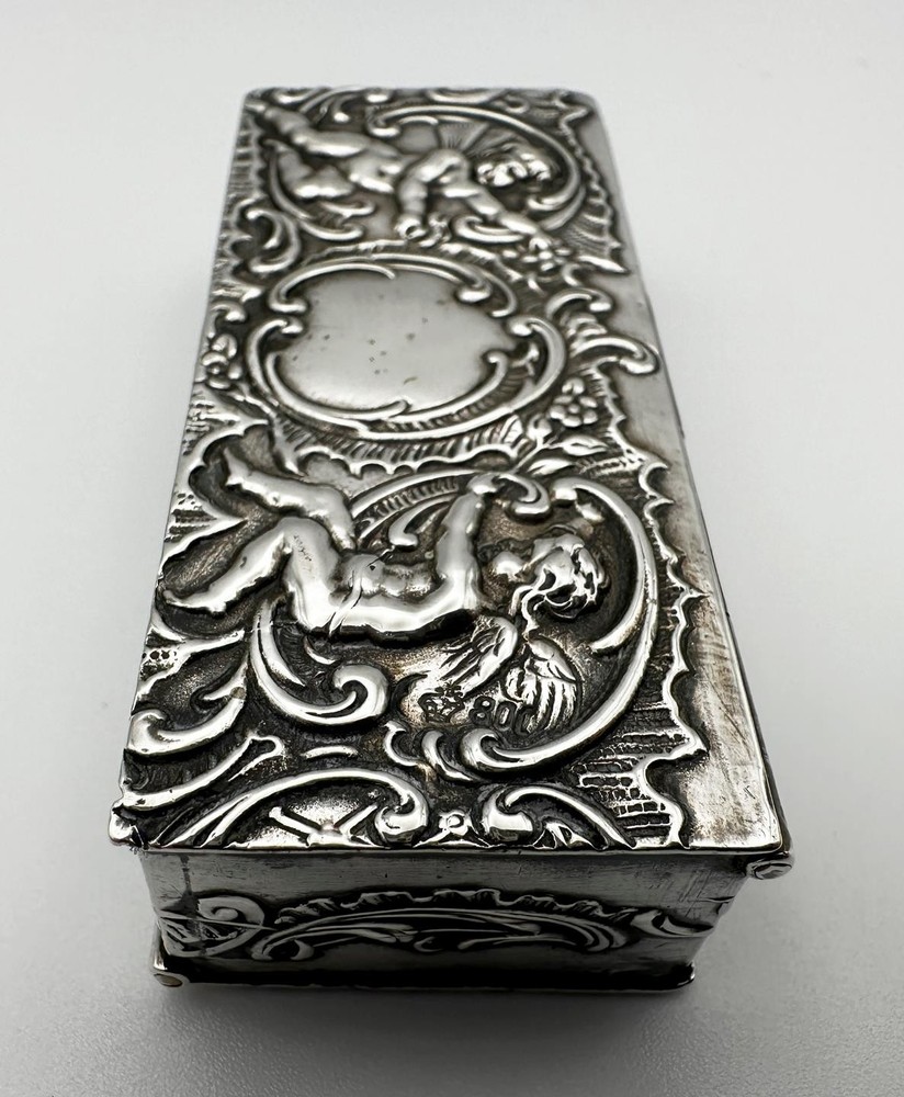 GERMAN DUAL DOUBLE COMPARTMENT 800 SILVER STAMP BOX EMBOSSED CHERUBS c1900