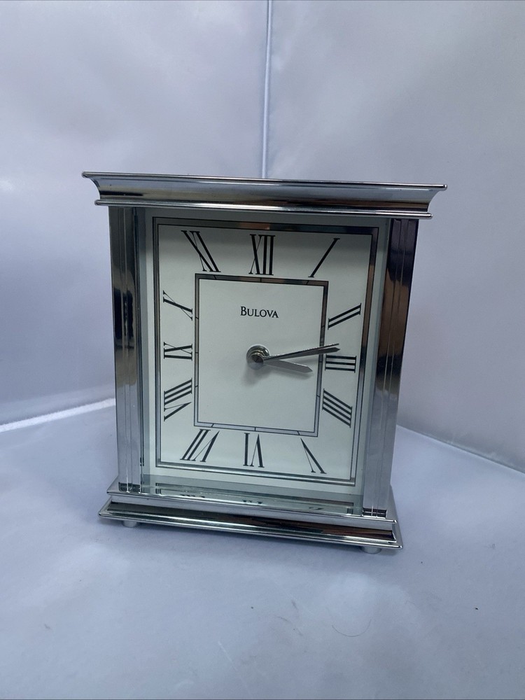 Bulova B2454 White Face Quartz Clock Polished Silver Not Working