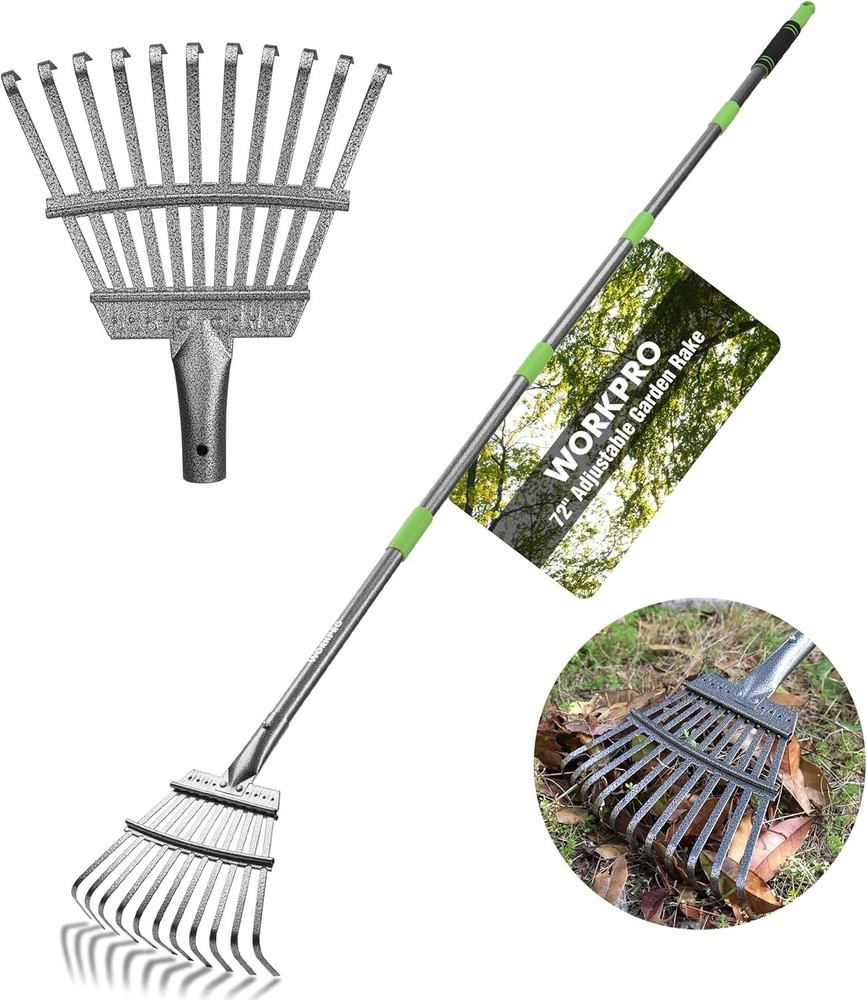 WORKPRO Rake, Small Rake for Leaves with 72” Adjustable Long Green & Black