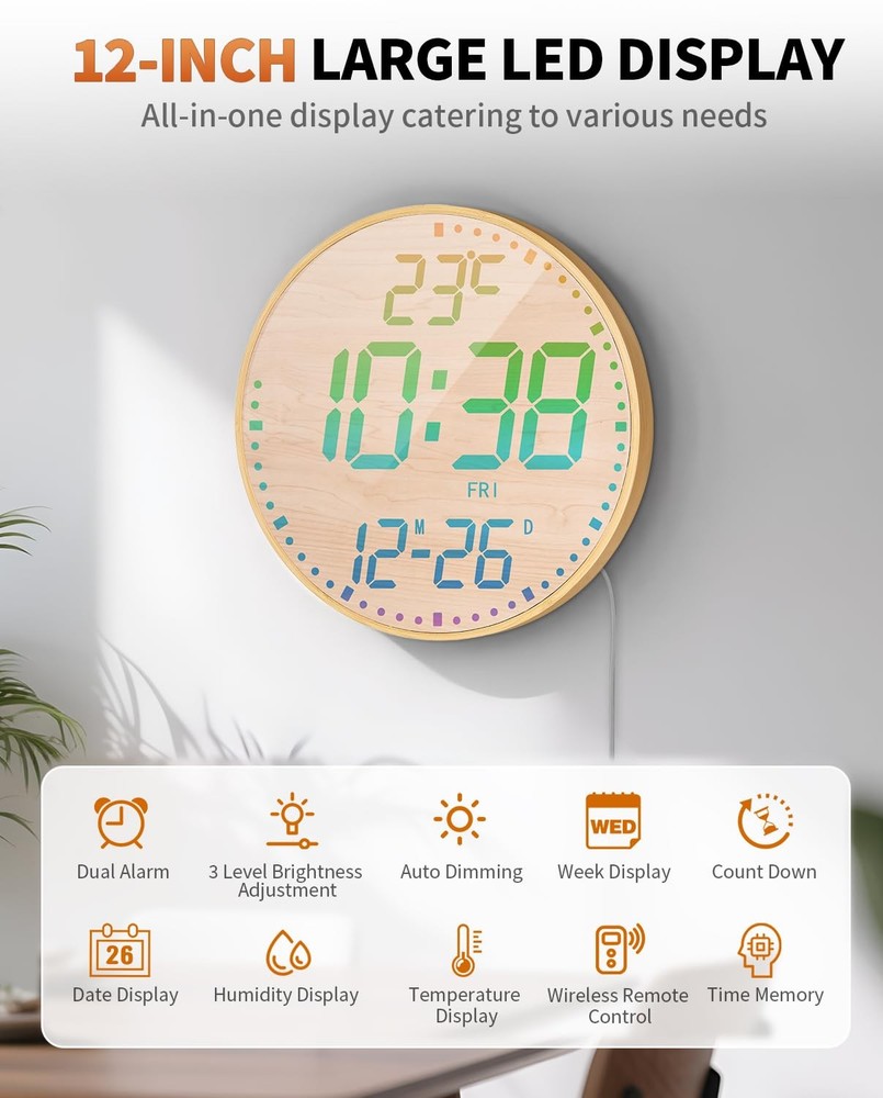 12" Large Digital Wall Mount Clock, Count Down Timer, Alarm, Big LED, 12 RGB ...