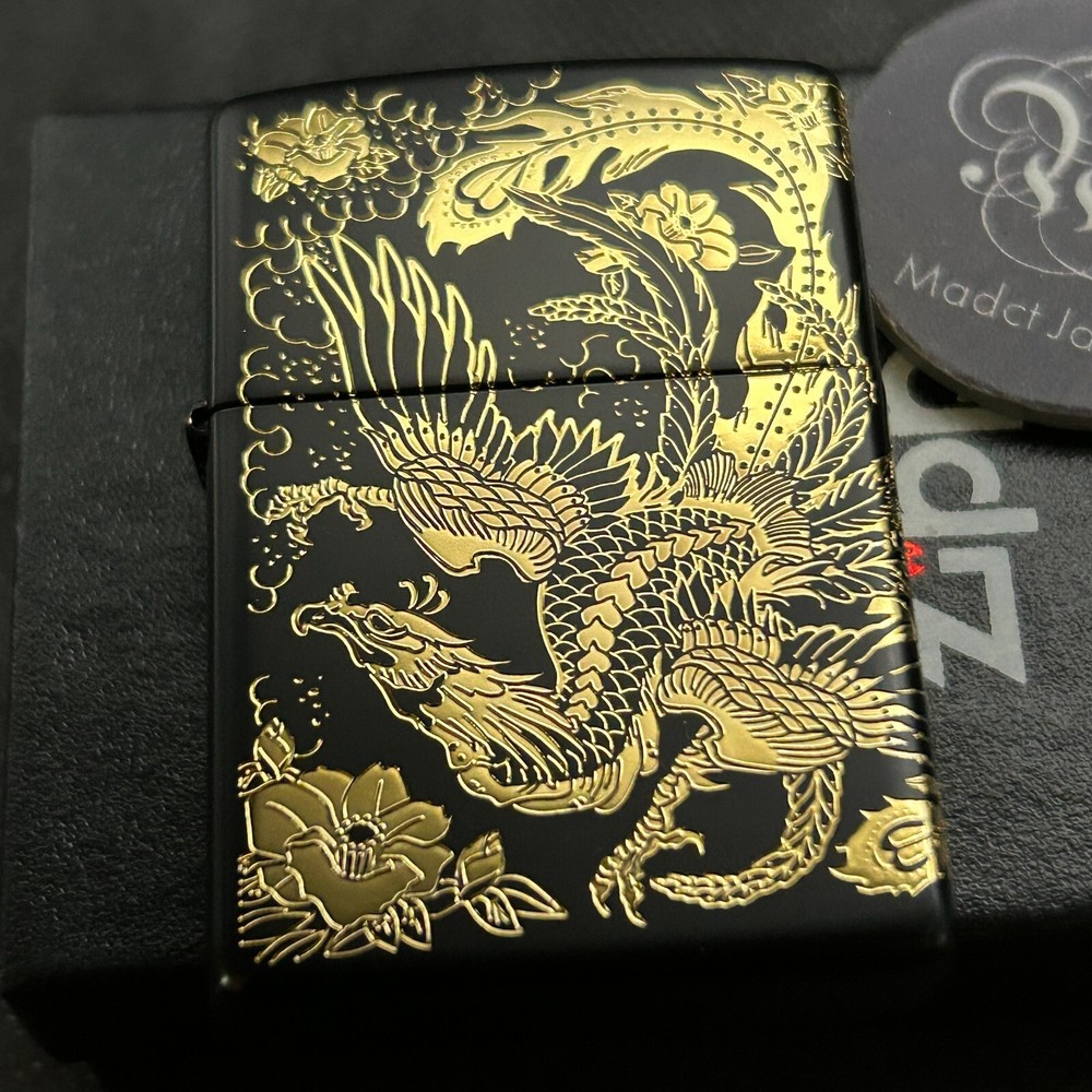 Zippo Phoenix Black Gold 2 Consecutive Sides Etching Beautiful Lighter Japan New