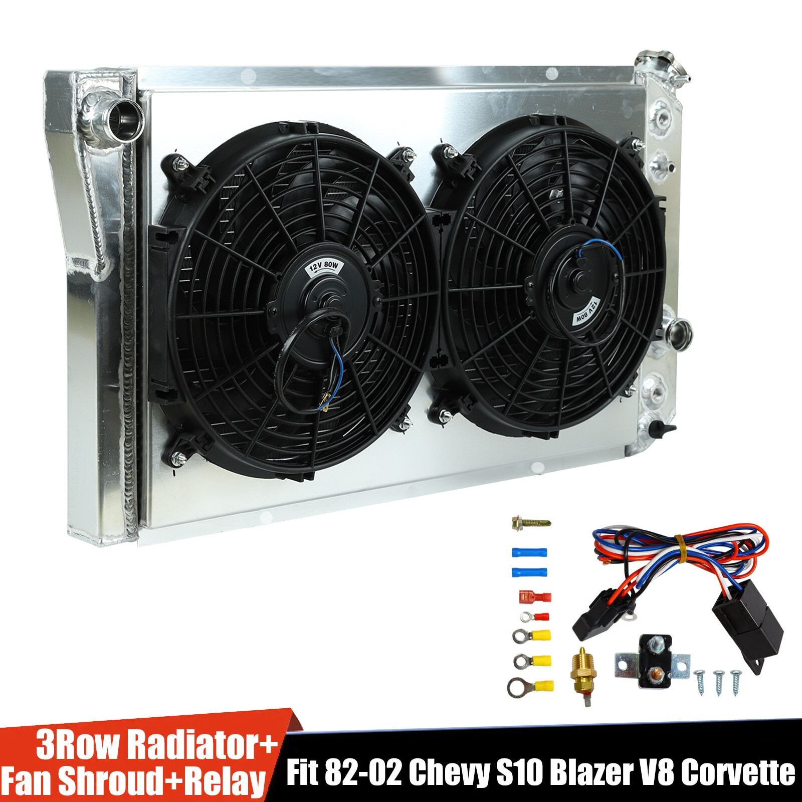 3 Row Radiator+Shroud Fan+Relay For 1982-2002 CHEVY S10 BLAZER 84-90 CORVETTE V8