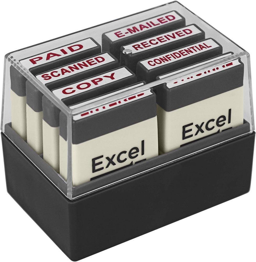 Mini Office Message Rubber Stamp Set - Red Ink - Storage Tray Included