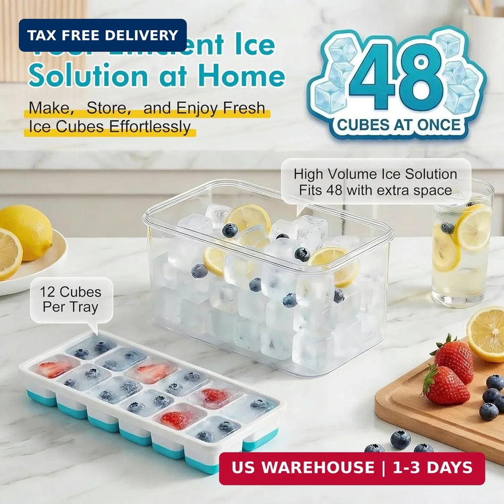 NFK Ice Cube Tray with Lid & Bin - 4 Pack 48 Cubes Stackable Silicone Trays for