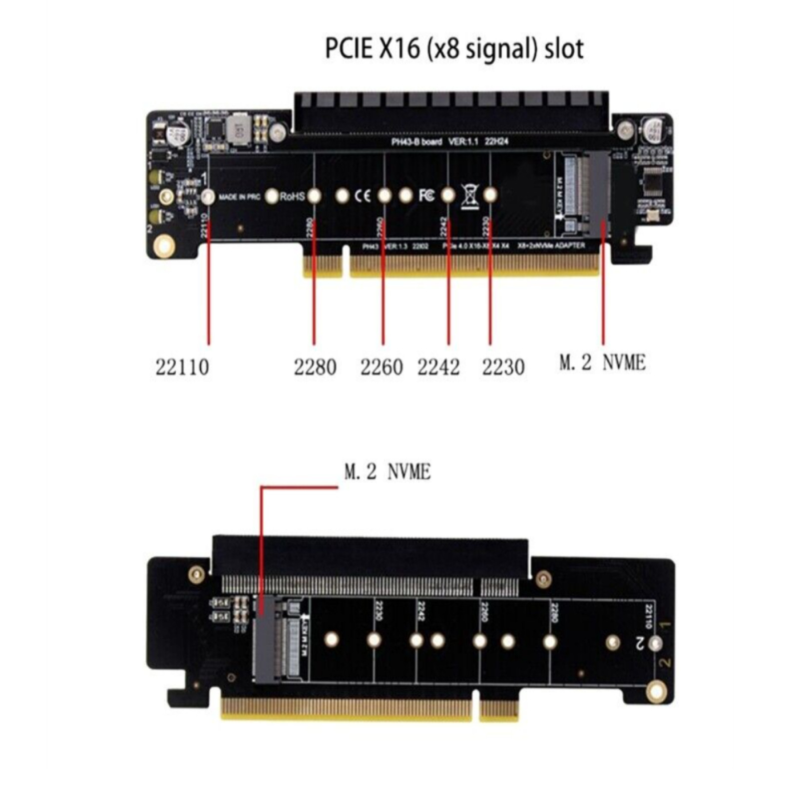 PCIE 4.0 x16 to x8+x4+x4 Expansion Riser Card M.2 NVME x2 Input Designed