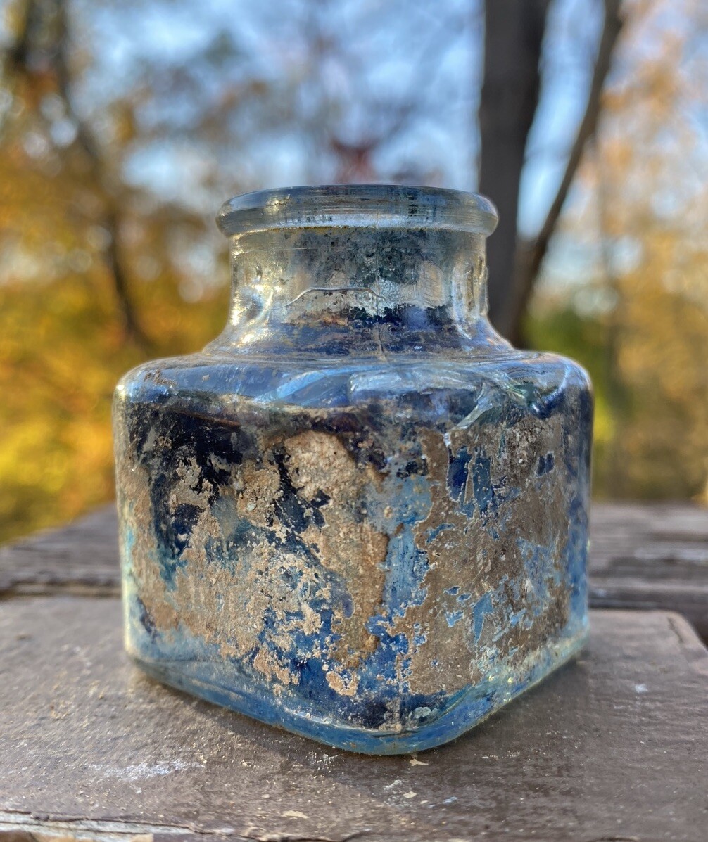 Clear Inkwell With Blue Ink And Partial Label