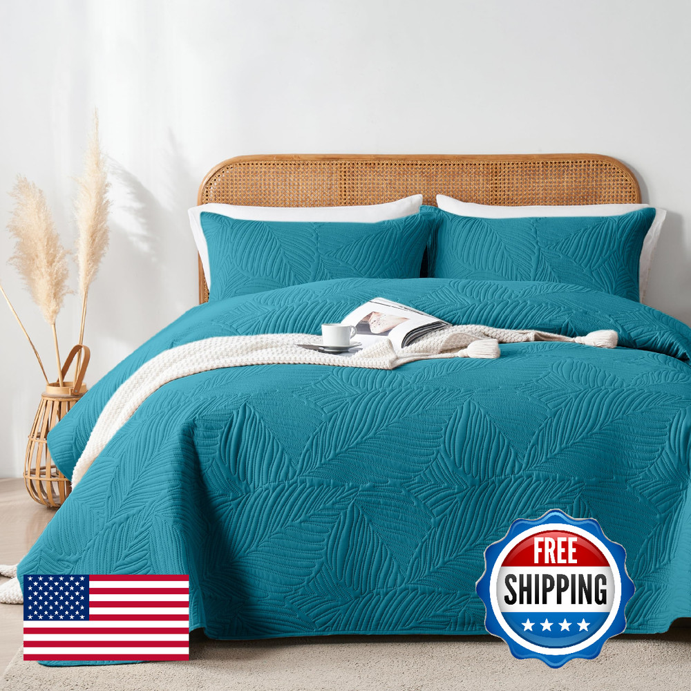 OARAGE Queen Quilt Bedding Set Soft Lightweight Teal Bedspread with Leaf Pattern