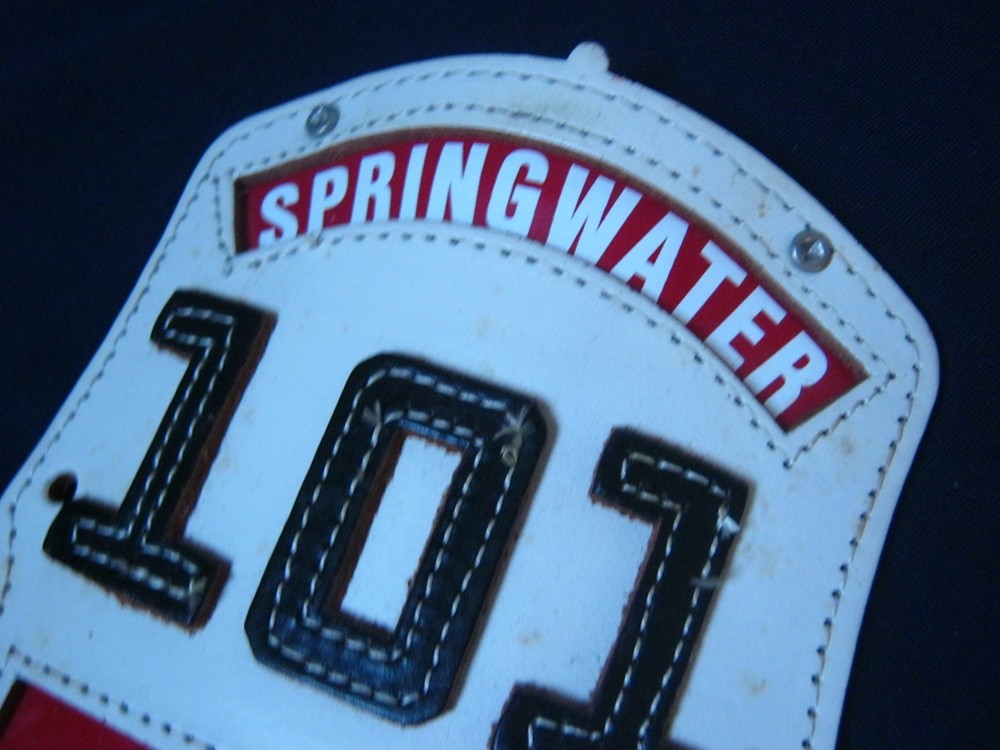 Older Leather Springwater 101 Chief Leather Fire Helmet Front Shield
