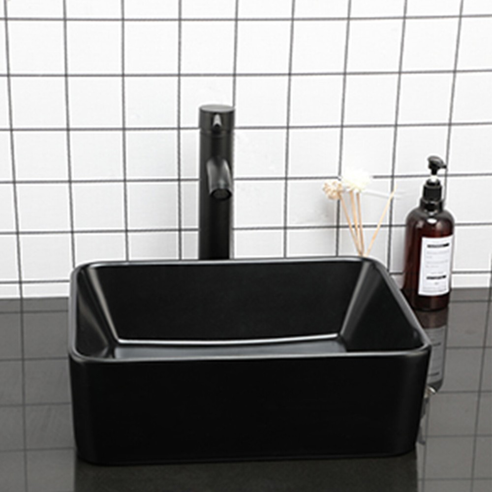 US Black Ceramic Bathroom Vessel Sink Rectangular Mixer Deck Mount Tap Set Drain