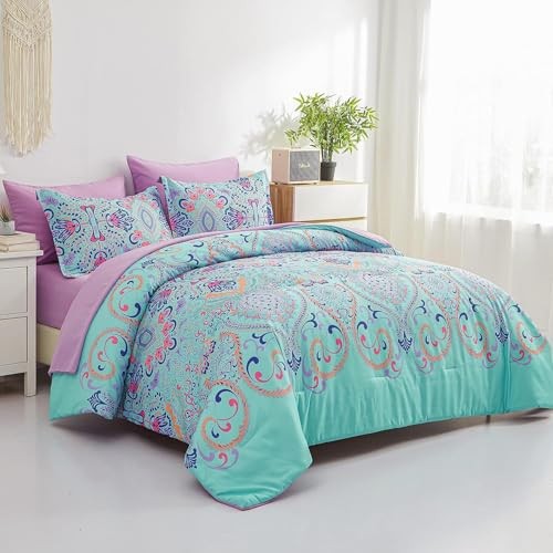 Comforter Set, 5 Piece Bed in a Bag, Boho and Lilac Damask Medallion Twin Aqua