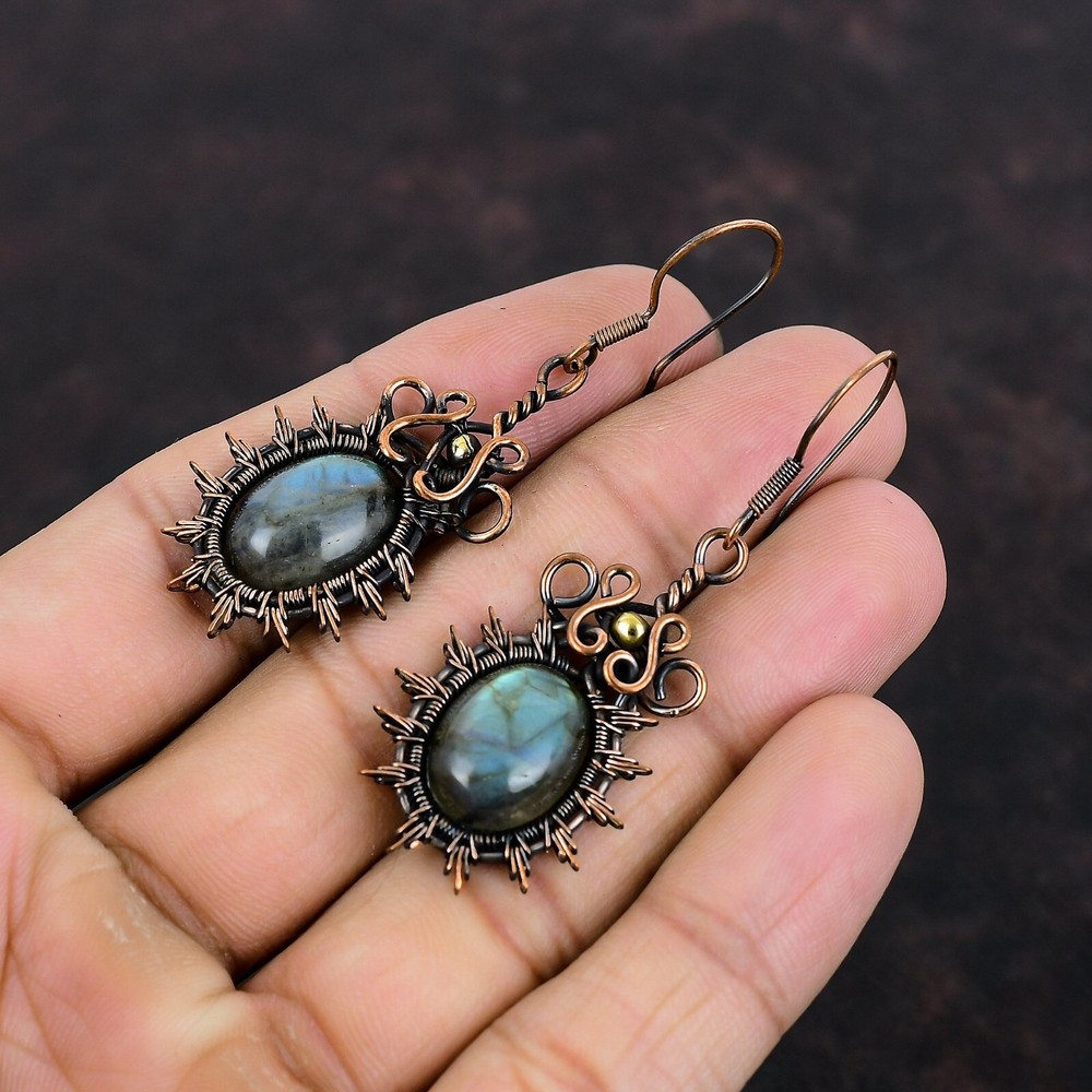Labradorite Wire Wrapped Drop/Dangle Earrings Handcrafted Copper Ethnic 2.36"