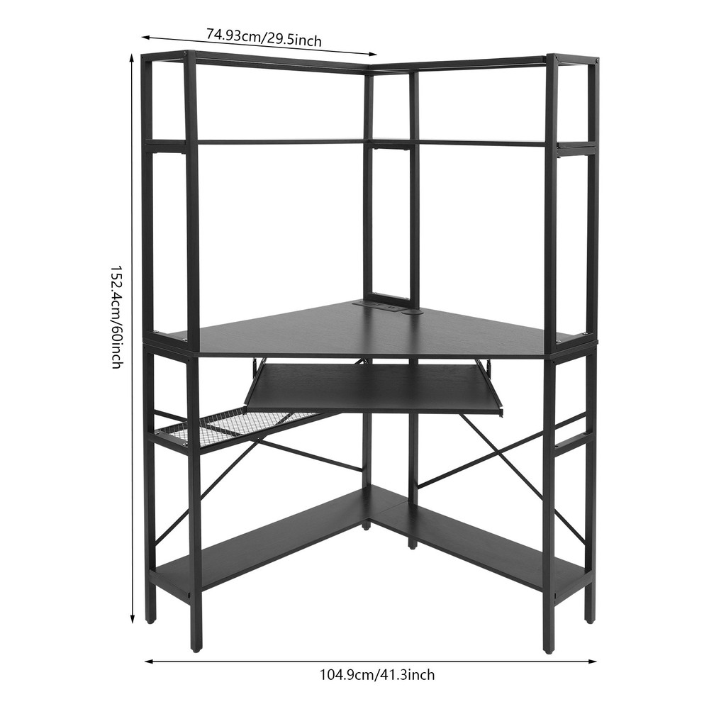 Black Corner Desk, Corner Computer Desk with Power Outlets, Home Computer Desk