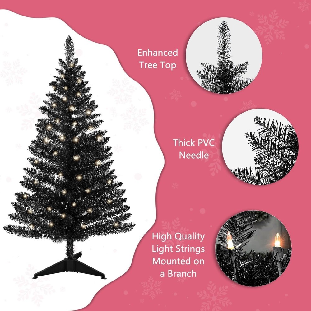 4ft Lighted Artificial Black Christmas Tree, Not Pre-lit Black Tinsel Pine Tr...