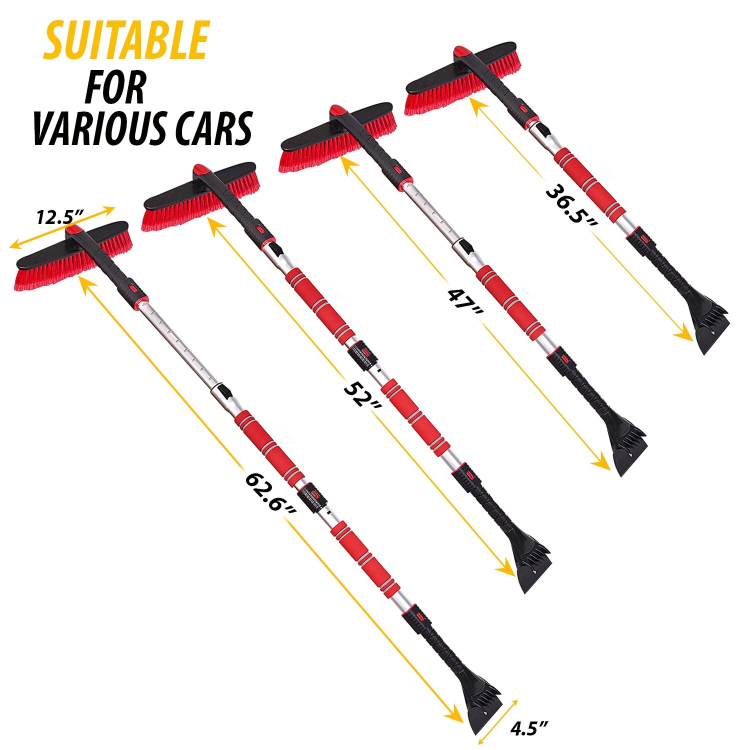 62" Portable Extendable Snow Brush and Ice Scraper 360° Pivoting Brush Head