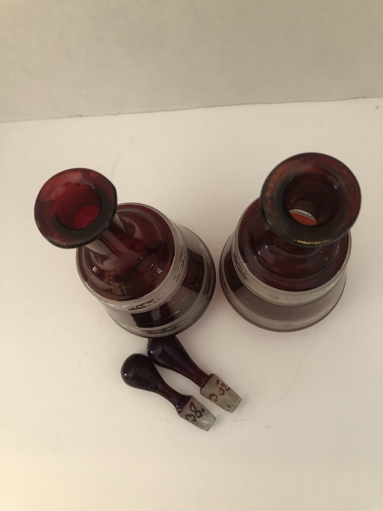 Antique Bohemian Hand Blown Ruby Red Perfume Scent Bottles Pair