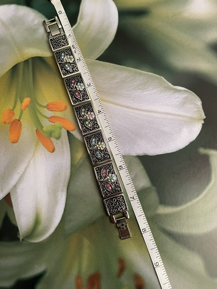 Rectangle Panel Filigree Floral Multicoloured Crystal Statement Bracelet 7”-7.5”