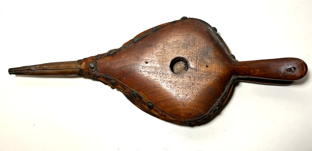 Authentic Early Antique Hand Air Bellow Fireplace Wood Leather w/Initials