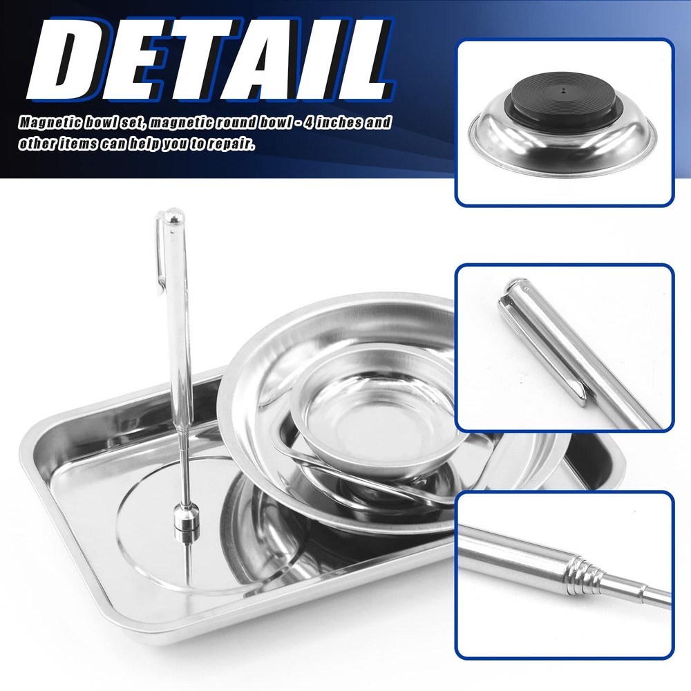 Magnetic Tool Tray Set - Round & Rectangular Bowls with Pickup Tool 5-Pcs