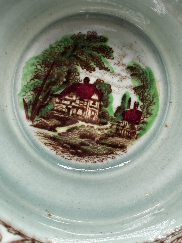 Rare Silver Overlay Pastoral Scene Poly Brown Transferware Cup