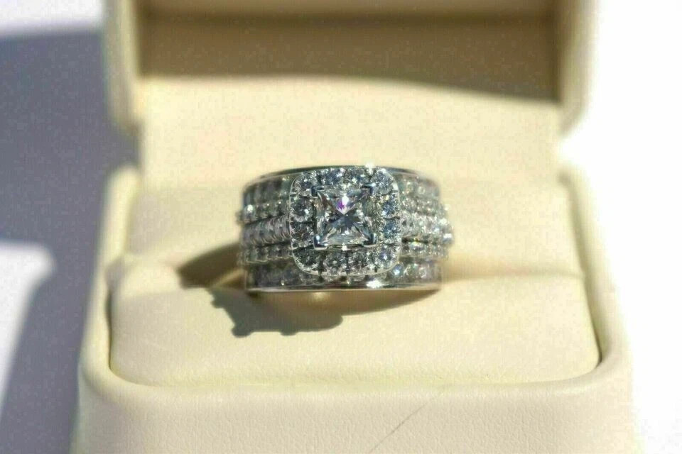 Wedding Bridal Band Ring Set Princess Cut Moissanite 14k White Gold Plated 2 Ct