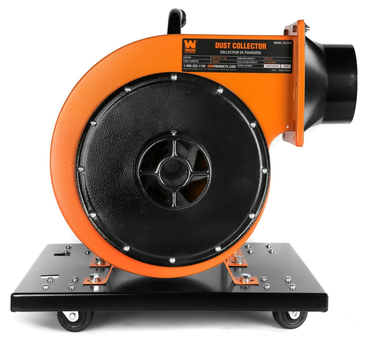 7.4A Rolling Dust Collector w/ Induction Motor,15-Gallon Bag/Optional Wall Mount