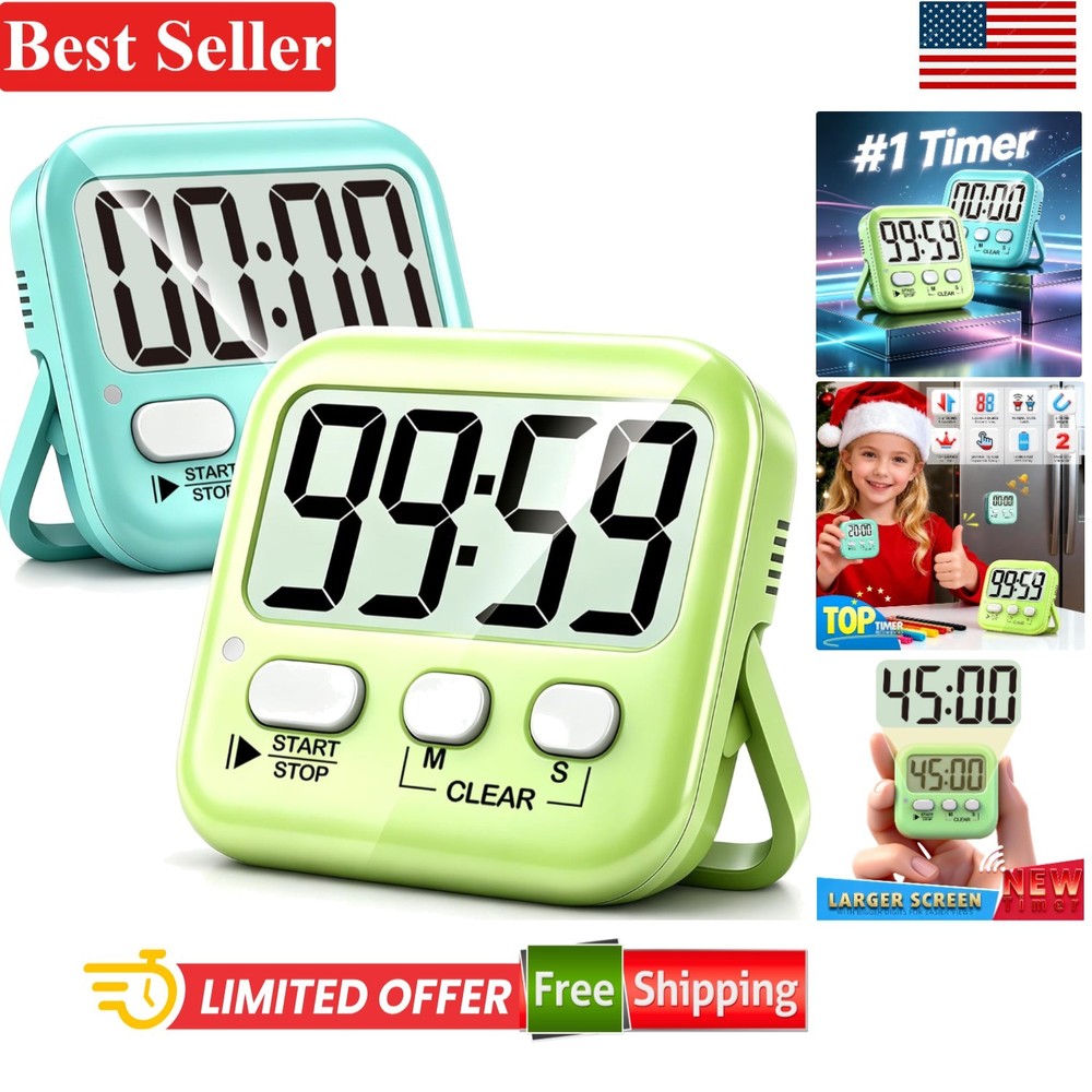 Versatile 2 Pack Digital Kitchen & Classroom Timers - Loud Alert & Silent Modes