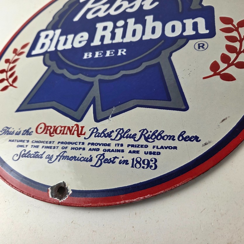 Vintage Pabst Blue Ribbon Beer Porcelain Sign - Ribbon Badge Logo Sign