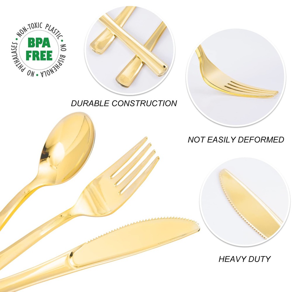 60PCS Gold Plastic Silverware Gold Plastic Cutlery Set Disposable Flatware D...
