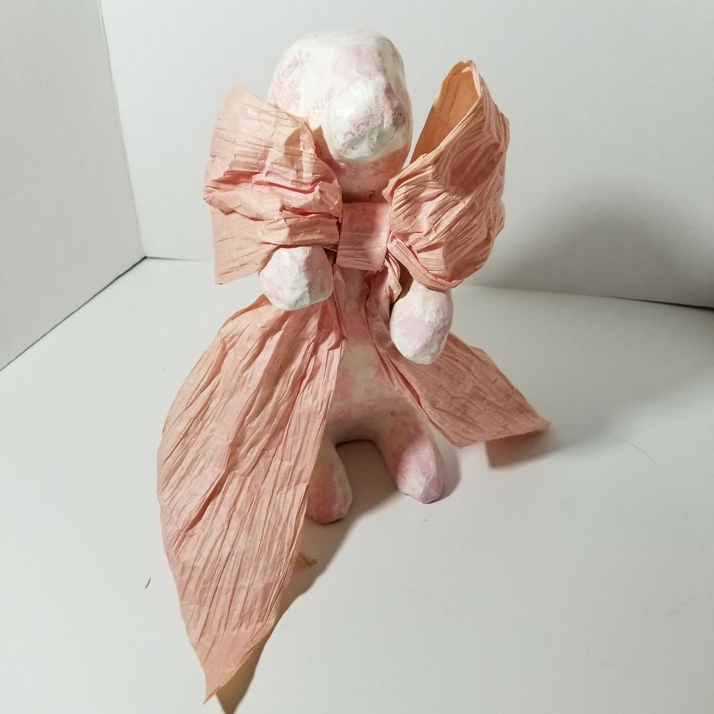 Pink White Paper Mache Bunny With Big Raffia Bow Easter Spring